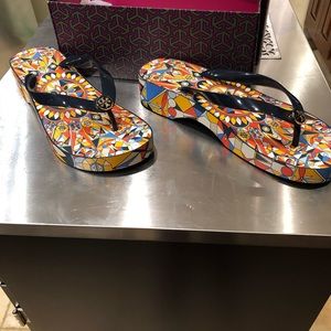 Tory Burch Cut out wedge flip flops (Never Worn)